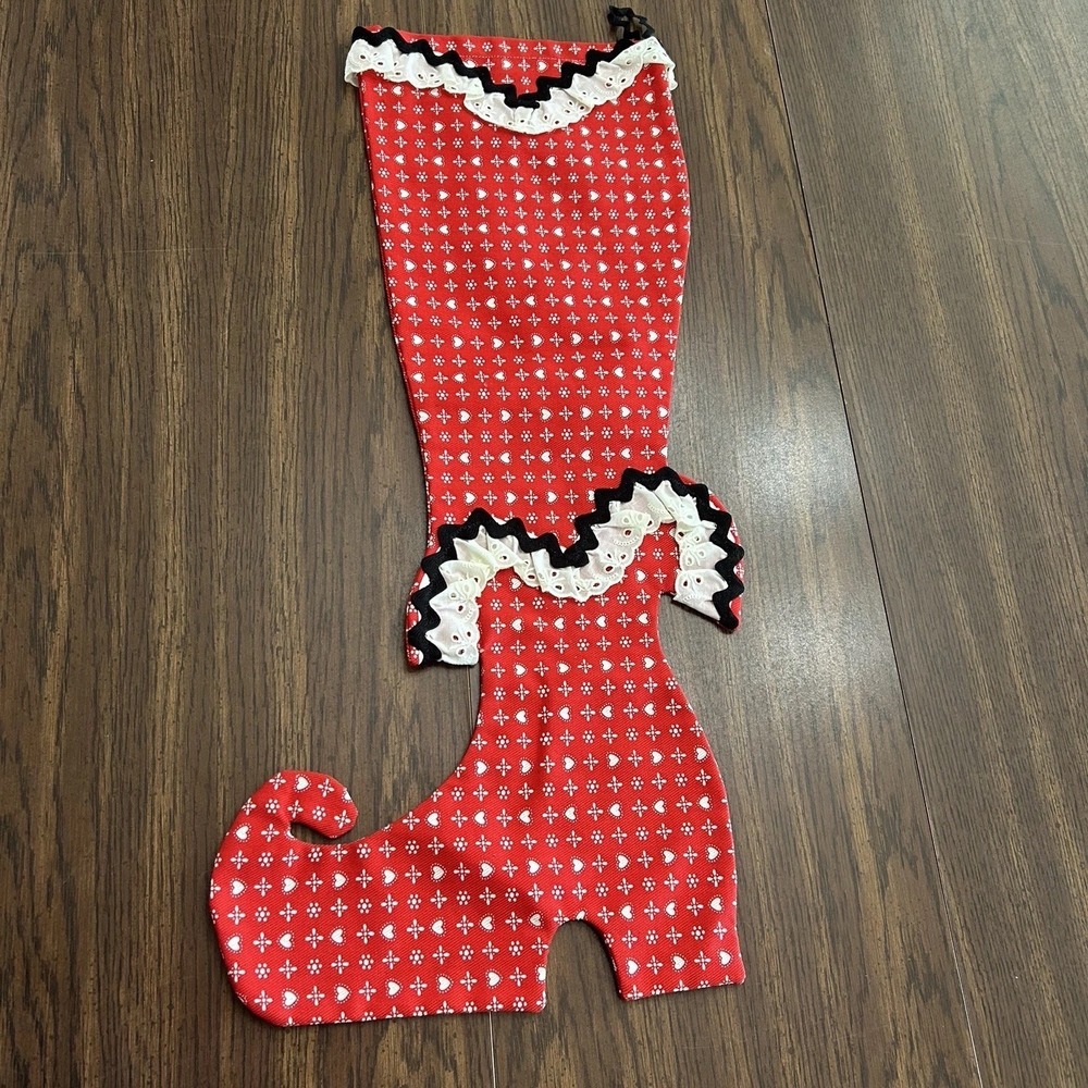Vintage Country Heart Print Christmas Stocking Eyelet Trim Witches Boot Shape